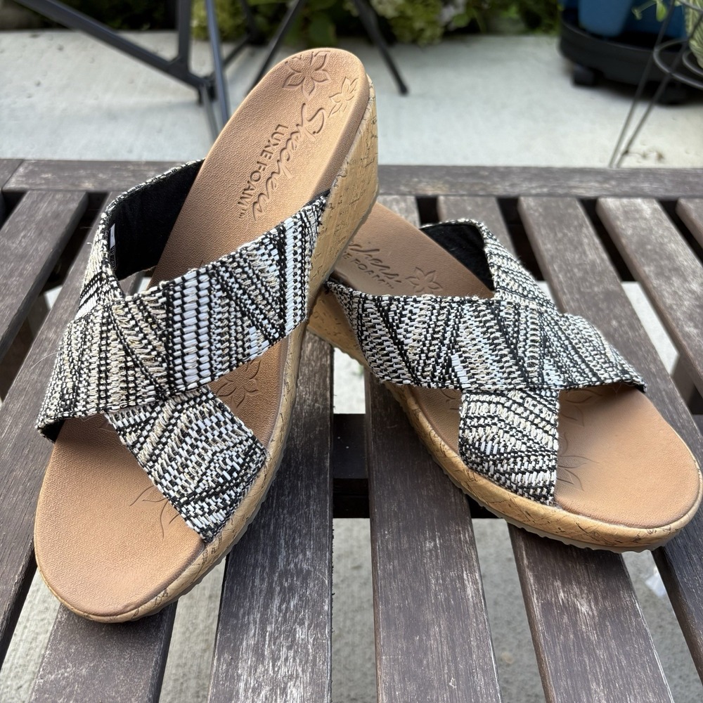 Skechers Womens 9.5 Black Wedge Sandal Boho Cork Luxe Foam 57331 BKGD